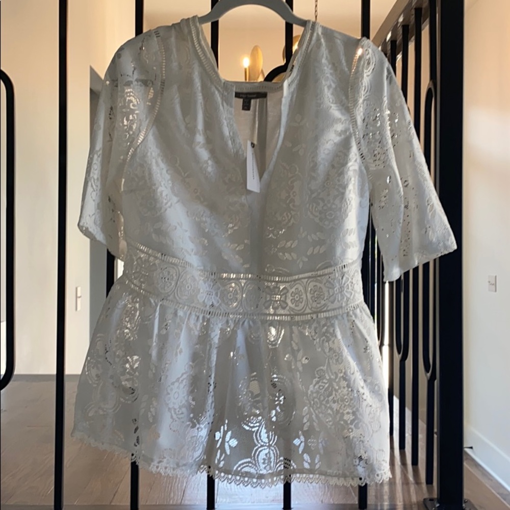 Anthropologie white knit/lace peplum blouse